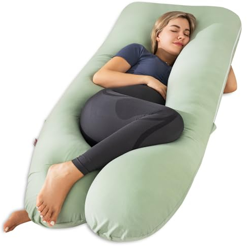 Meiz Schwangerschaftskissen, U-förmiges Schwangerschaftskissen zum Schlafen Kühlen, 140 cm Mutterschaftskissen für Schwangere, Körperkissen für Erwachsene, Rayon-Bezug aus Bambus, Salbeigrün