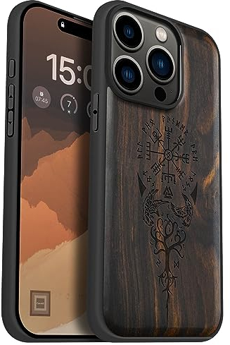 Carveit Magnetic Wood Case for iPhone 15 Pro Case [Solid Wood & Black Soft TPU] Shockproof Protective Cover Unique Wooden Compatible with magsafe (Viking Compass Vegvisir -Blackwood)