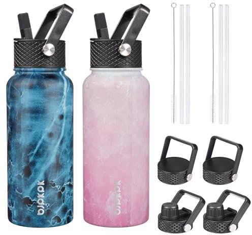 BJPKPK 2 Pack Insulated Water Bottles with Straw Lids, 32oz Stainless Steel Metal Water Bottle with 6 Lids, Leak Proof BPA Free Thermos, Cups, Flasks for Travel, Sports (Blossom+Ocean)