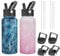 BJPKPK 2 Pack Insulated Water Bottles with Straw Lids, 32oz Stainless Steel Metal Water Bottle with 6 Lids, Leak Proof BPA Free Thermos, Cups, Flasks for Travel, Sports (Blossom+Ocean)