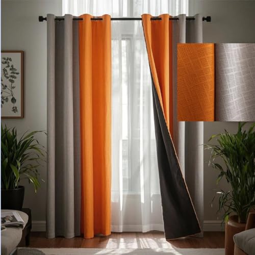 F-CHU 100% Blackout Curtains for Bedroom Grey and Burnt Orange Patchwork Curtains Thermal Insulated Room Darkening Window Drapes for Living Room Grommet 96 inch Long 2 Panels