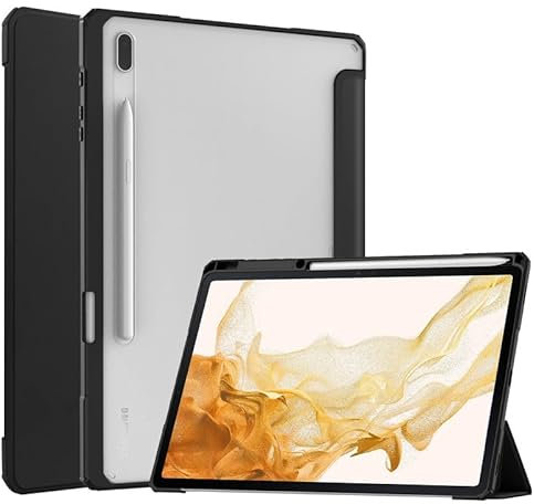 Custodia per tablet Samsung Galaxy Tab S8 Plus X800/S7FE T730/S7 Plus T970 12,4 pollici posteriore trasparente Smart Cover, PU pelle trifold stand, auto sleep/wake, custodia protettiva leggera, nero