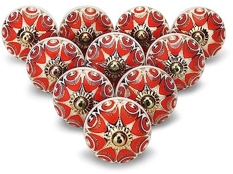 FURNISHFUL FINESSE Knobs for Cabinets and Drawers - Door Knobs for Cupboards Assorted Hand Painted Door Pull Handles for Dresser Kitchen Wardrobes Boho Home Interior Decor - Red -Pack of 4