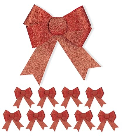 Relaxdays Schleife, 10er Set, große Zierschleife, Geburtstag, Weihnachten, Geschenk, glitzernde Dekoschleifen, rot