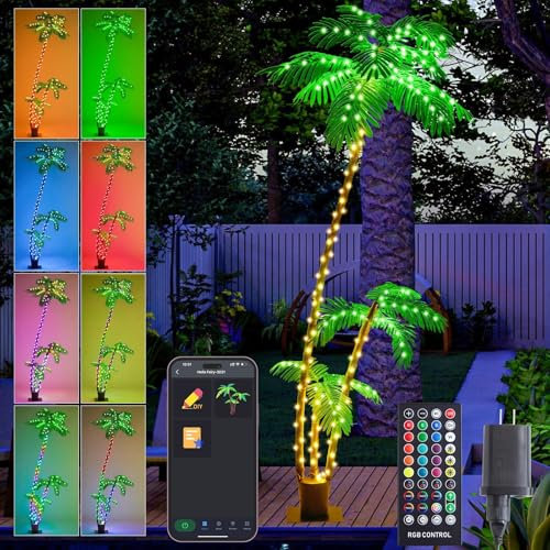 FANCILLUMA 7 FT Lighted Palm Tree Smart App Remote Control Timer Color Changing Artificial Light Up LED Palm Trees for Pool Yard Tropical Christmas Indoor Outdoor Decorations
