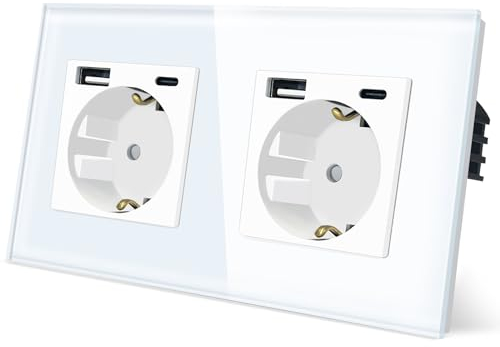 TAWOIA Schuko Steckdose mit USB Type C (MAX 20W) Schnelllade Schnittstelle,EU-Standard 2 Fach Steckdosen mit Kristall Glas Platte Doppel Wandsteckdosen Weiß 86 * 157mm