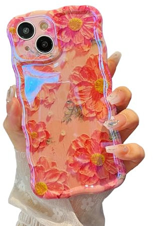 XIZYO Colorful Retro Oil Painting Flower Case for iPhone 14 Plus/15 Plus, Curly Wave Laser Glossy Cute Floral Aesthetic Phone Case, Girls Women Slim Soft TPU Shockproof Cover, Pink Flower/Pink