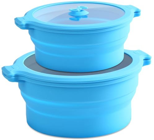 Collapsible Silicone Microwave Cookware Cooker Steamer for Cooking with Lids, 0.8L and 1.4L Glass Food Storage Container Sealed Bowl Mixing Bowls 2pc Set BPA Free