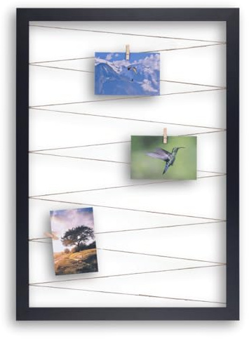 CLAMARO Fotohalter mit Fotoleine, Schwarz Matt, 50 x 70 cm, vollummantelt | MDF-Rahmen 30 mm breit, Juteband gespannt, Massivholz-Clips, Metallaufhänger, für Fotocollage, Postkarten