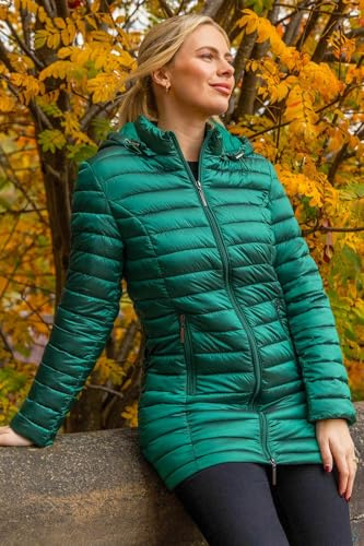 Roman Originals Women Padded Longline Coat with Hood - Ladies Zip Through Autumn Winter Long Length Lightweight Quilted Warm Cosy Everyday Zip Up Casual Jackets Coats - Green - Size 18