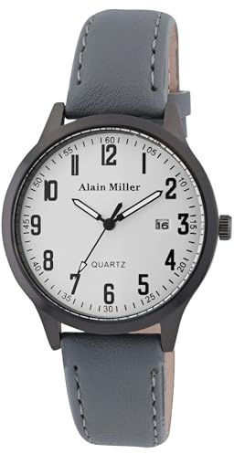 Alain Miller Herrenuhr Weiß Grau Analog Datum Leder-Imitat Quarz