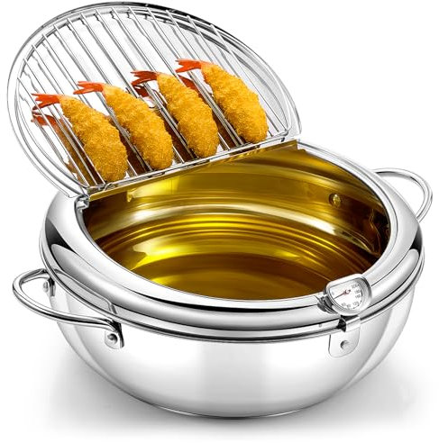 Reallnaive 4.4 Qt (4.2 L) Deep Fryer Pot 304 Stainless Steel Tempura Frying Pot with Lid and Oil Drain Rack Japanese Deep Fryer Pan with Temperature Control for Kitchen French Fries, Chicken