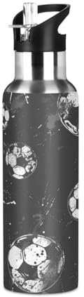 Niigeu Calcio Bianco Nero Calcio Bottiglia Acqua Acciaio Inox, Isolato Borraccia Termica Senza BPA per Bevande Calde e Fredde per Bambini Sport Ciclismo Scuola (600ml/1L)