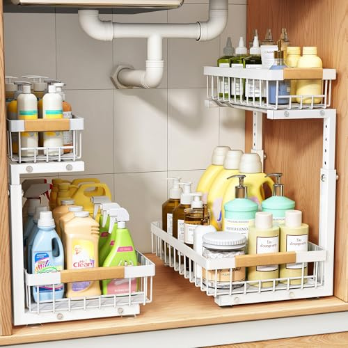 PXRACK 2-Pack Under-Sink Organizer, Adjustable Height, 2-Tier Slide-Out Storage for Kitchen, Bathroom, Laundry, Cabinet, Pantry, White