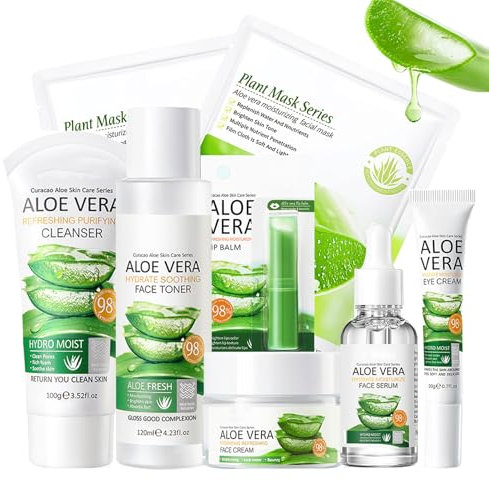 Aloe Vera Gesichtspflege Set, Feuchtigkeit Skincare Set für Teenage-Mädchen und Frauen, Tägliche Hautpflege Set, Sanfte Skin Care - Cleanser Toner Serum Gesichtsmaske Creme Augencreme Lippenbalsam