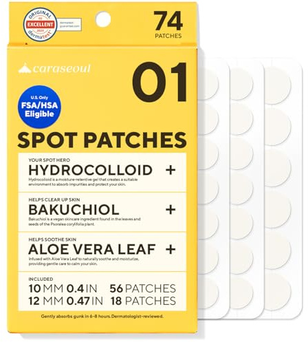 caraseoul Pimple Patches (74 Count) | [2 Size] Hydrocolloid Acne Patch for Zits and Blemishes, Bakuchiol & Aloe Vera, Korean Skin Care, Easy to Use, Dermatology