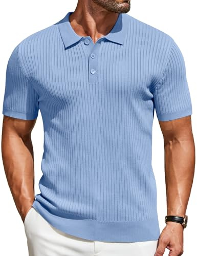 COOFANDY Polo de Manga Corta para Hombre, de Punto, para Tiempo Libre, de Punto Fino, Azul Claro, L