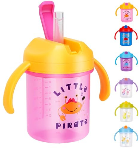 SUPPRUI Sippy Cup,280ml Baby Cup,Straw Cups with Handles,Spill-Proof Baby Sippy Cups,Water Bottles with Straw for Babies,BPA Free,Trainer Cups for 6+ Months (Pink)
