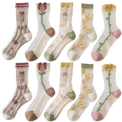letcdfer Sheer Socks Women GlassSocks Womens Patterned Sheer Pop Sock Womens Lace Ankle Socks Summer Transparent Thin Lace Floral AnkleSocks for Women Girls, 5 Pairs