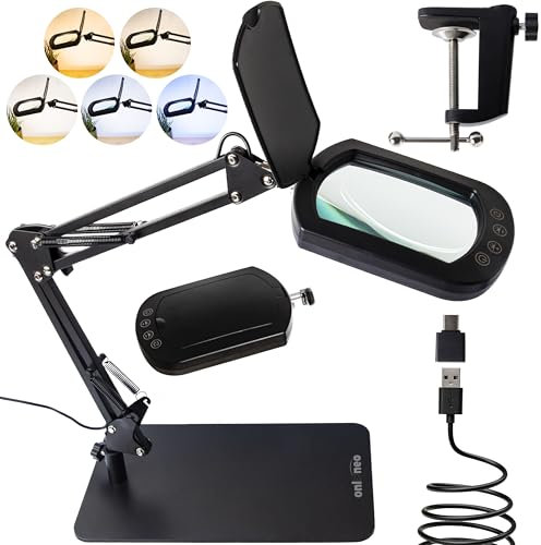 Onlyneo - Lampe Loupe sur Pied 10X, Lentille Rectangulaire XL sans Distorsion, Lampe Loupe de Bureau pour Lecture, Onglerie, Diamond Painting, Artisanat, Bricolage, 5 Modes de Couleur et de Luminosité