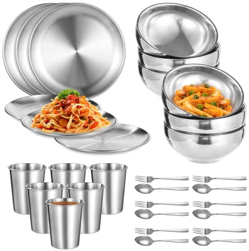 30 Pcs Stainless Steel Camping Cutlery Set, Includes 6 Plates, 6 Bowls, 6 Cups, 6 Forks, and 6 Spoons, Reusable Metal Dinnerware Set, Kitchen Tableware Set for Home, Outdoor, and Parties