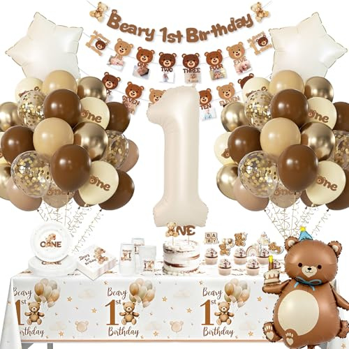 Beary premier anniversaire décorations, premier anniversaire décorations pour garçons filles, 1er ours décorations de fête à thème avec des ballons, assiettes de papier, tasses, nappes, ours décoratio