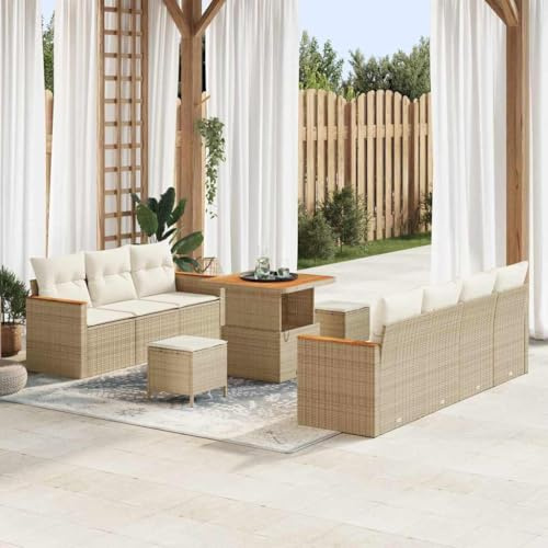 Tonture Garten-Sofa-Set mit Kissen, 10-teilig, Beige Poly Rattan, Akazienholz-Tisch, modular für 10 Personen, langlebig, wetterfest