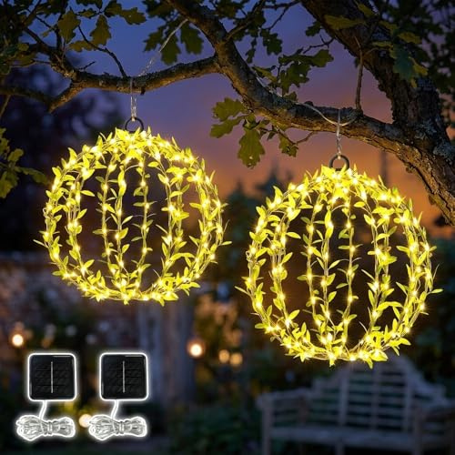 Gresonic 120LED Solar Kugel Außen 30cm Hängende Leuchtkugel Lampion Grünem Blatt Kunststoff Lichtkugel 8 Modi, IP44 Gartenleuchten Outdoor DIY Lichterkette für Balkon Party Haus(2 pc,Warmweiß)