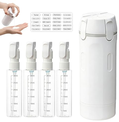 4 in 1 Refillable Travel Dispenser Bottles Kit, Leak-Proof Portable Toiletries Containers for Shampoo, Conditioner, Lotion | Squeezable with Labels, Scale & Travel Pouch for Flights, Gym, Vacation