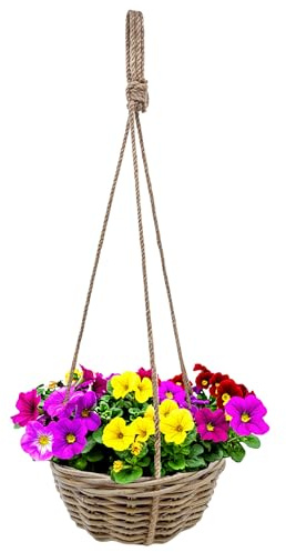 Rattan Blumenampel Shabby Chic 30cm Weide Hängeampel mit Naturkordel | mit Folie, zum Hängen, Pflanzkorb, für Garten Terrasse Balkon