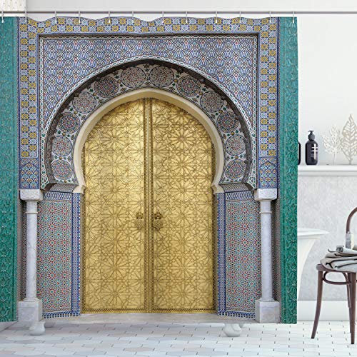 ABAKUHAUS marokkanisch Duschvorhang, Antike Türen, Stoffliches Gewebe Badezimmerdekorationsset mit Haken, 175 x 180 cm, Gelb Teal Blau