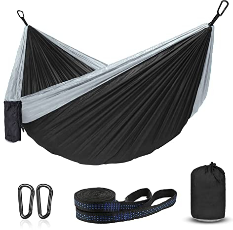 Hängematte Outdoor Ultraleicht mit Seilabdeckungen, Reise Hängematte Ultraleicht Atmungsaktiver Nylon Fallschirm Hängematten für Outdoor Camping, Garten & Strand -450lb Tragkraft (Schwarz)
