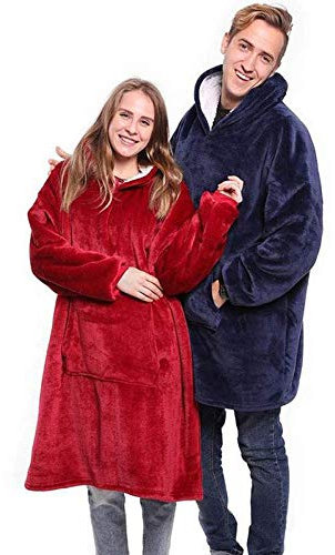 cotton yangda Flannel Hoodie Couverture Chaude Douce Robe Pull avec des Manches Velvet Épaisse Plaid, Sweat à Capuche Super Doux Chaud Confortable Taille Unique, Rouge