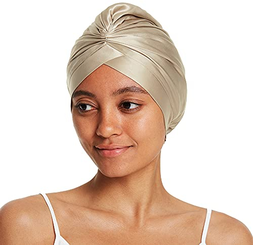 LilySilk 100% Maulbeerseide Schlafmütze für lockiges Haar Seide Bonnet Nacht Schlafmütze Kopfbedeckung Haarwickel für Frauen mit elastischem Band,Braun