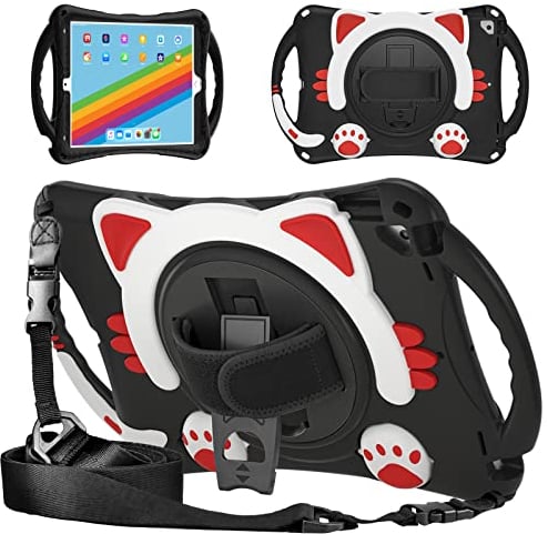 Gerutek Kinder Hülle für iPad 9./8./7. Generation 10,2 Zoll,Stoßfeste Robust Kindertasche mit Tragegriff,Drehständer,Handschlaufe Schultergurt Kinder Schutzhülle für iPad 10.2 2021/2020/2019,Schwarz