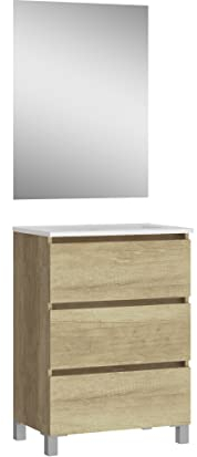 Baikal, Conjunto de baño Natura. Mueble de Baño de Fondo Reducido, con Lavabo cerámico. Distribución Tres Cajones. Mueble MONTADO. Tres Cajones con Espejo. Fondo 39cm 50 cm Nature
