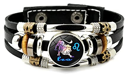 Leuchtendes Lederarmband Mit 12 Sternbildern – Zwölf Sternzeichen,Mehrschichtiges Web-Punk-Armband,Waage,Skorpion,Jungfrau,Löwe,Knopf-Zeit-Edelstein-Armband Für Männer Und Frauen,Löwe,Einheitsgröße