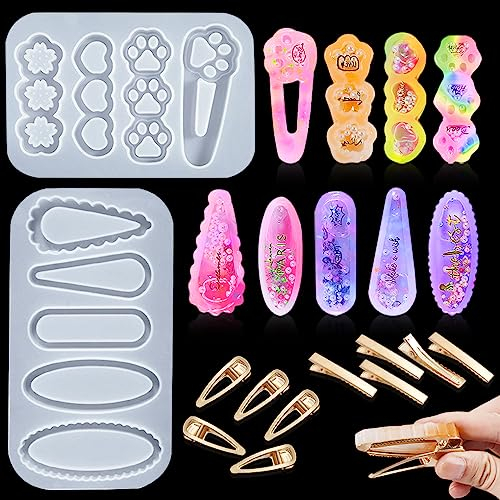 FineInno 12 PCS Hair Clip Resin Moulds Kit Shaker Hairpin Silicone Mould Quicksand Jewellery Making Hair Barrettes Epoxy Casting Mould DIY Craft Pendant Bookmark