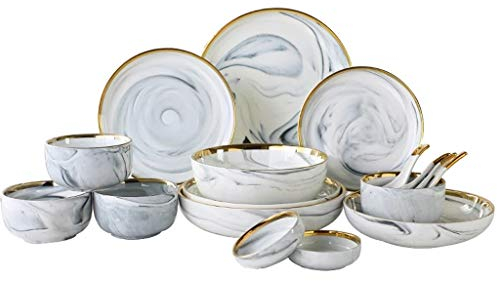 TEmkin Dinner Plate Set Marble Ceramic Plates Gold Inlay Steak Food Plate Nordic Style Tableware Bowl Dessert Dinner Dish for Kitchen Dinnerware Set