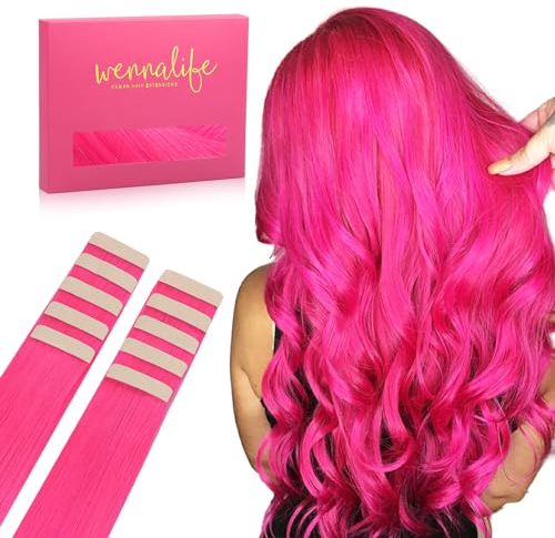 WENNALIFE Tape Extensions Echthaar, 50cm 30g 10 Stück Invisible Tape in Extensions Echthaar, Echthaar Extensions Tape, Haarverlängerung Echthaar, Remy Gerade Haarextension Echthaar #Heißes Rosa
