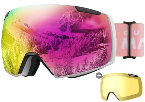 OutdoorMaster Heron Skibrille mit 2 Gläsern, rahmenlos, magnetisch austauschbare HD Toric Lens, OTG Snowboardbrille für Männer & Frauen, 100% UV-Schutz Snow Goggles(RevoRosa Vlt 13% + Gelbe Linse)