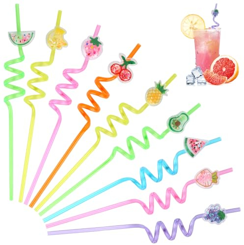 9 Stück Strohhalm Kinder, Wiederverwendbare Strohhalme Plastik, Neuheit Lockige Trinkhalme, Party Strohhalme, Bunte Obst Strohhalme für Geburtstag Weihnachten Dekorationen Party Zubehör