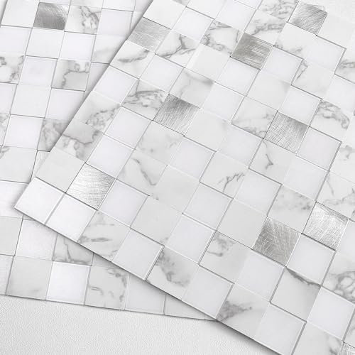 BeNice Wasserfeste Fliesenaufkleber Dusche Selbstklebende Mosaikfliesen,Selbstklebend Wandfliesen Steinoptik Marmor Fliesen Aufkleber(Weiß 10 Stücke)