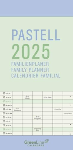GreenLine - Pastell 2025 Familienplaner, 22x45cm, Familienkalender mit effizienter Monatsaufteilung in 5 Spalten, für Familienorganisation, Schulferien und Stundenpläne, mit Spiralbindung
