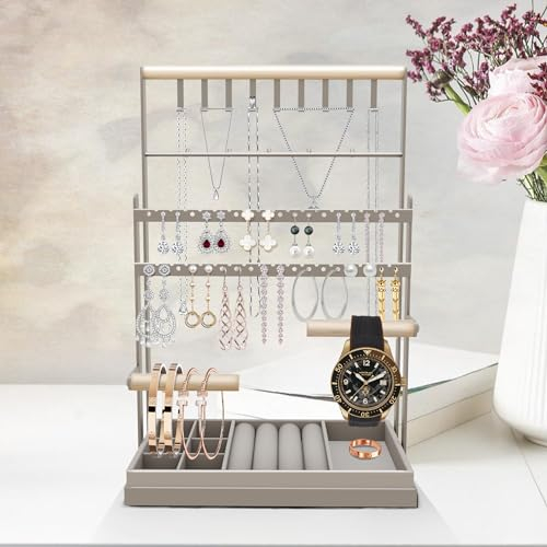 Présentoir à Bijoux, Support à Bijoux, Porte-Bijoux avec Plateau en Velours et Crochets, arbre à bijoux, Organisateur, Présentoir, Bagues, Boucles d'Oreilles, Bracelets, Montres et Accessoires, Gris