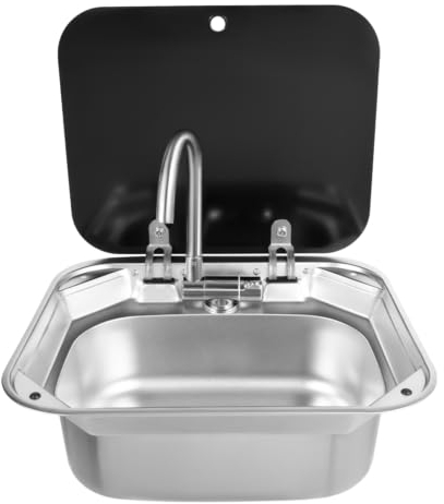 Évier de cuisine - Avec meuble bas - Siphon de cuisine - En granit - Kit de montage - Robinet pour camping-car - Robinet en acier inoxydable + couvercle - Compatible avec camping-car