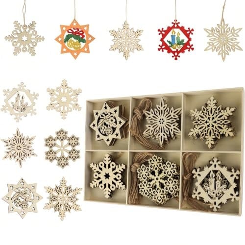 MHwan Adornos Arbol Navidad, 30 Piezas Decoracion Arbol Navidad de Madera Natural, Adornos Navideños de Bricolaje Resistentes y Duraderos, Colorea Ambas Caras para Crear Copos de Nieve Únicos