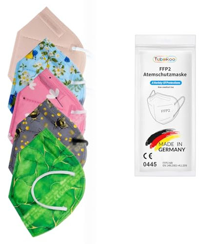 TubeRoo FFP2 Maske Set Frühling mit 5 Farben Muster Motiv Grün Hellblau Dunkelgrau Pink 100 Stück Masken aus Deutschland, Made in Germany, weiche Ohrschlaufen Bänder, Atemschutzmaske, Mundschutz