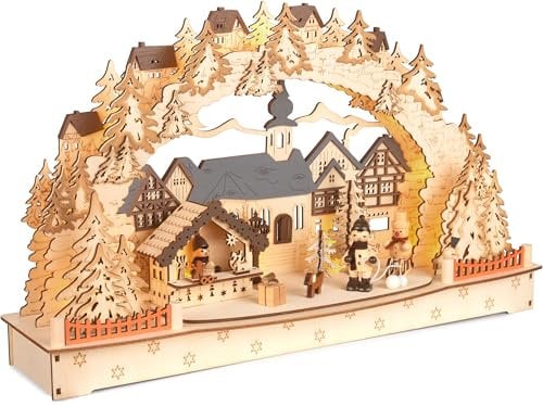 BRUBAKER 3D Lichterbogen - LED Schwibbogen - Großes Weihnachtsdorf 2025 - Weihnachtsbeleuchtung aus Holz Natur - 27 x 45 x 12 cm - Handbemalte Figuren - Weihnachtsdeko für Tisch & Fenster