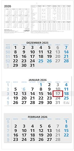 Zettler 3-Monatskalender blau 2026 – Wandkalender 32 × 70 cm, 3 Blöcke à 12 Blatt, 1 Monat pro Blatt, mit Datumschieber, Wochenzählung, Jahresübersicht, Kopftafel 16 cm, Fußleiste 3,5 cm, FSC